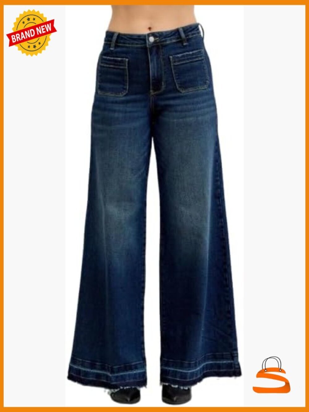 High Waist Wide Leg Palazzo Jeans with Front Patch Pockets